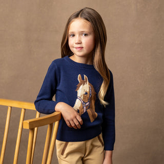 GIRLS Navy Organic Horse Intarsia Sweater