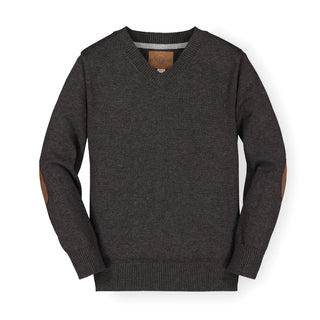 BOYS Charcoal Heather Organic V-Neck Sweater with Elbow Patches