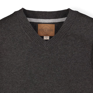 BOYS Charcoal Heather Organic V-Neck Sweater with Elbow Patches
