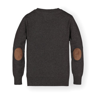 BOYS Charcoal Heather Organic V-Neck Sweater with Elbow Patches