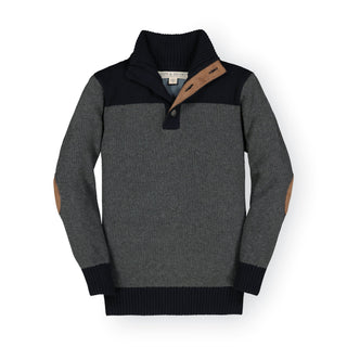 BOYS Charcoal Heather and Black Organic Mock Neck Sweater with Elbow Patches