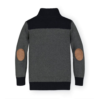 BOYS Charcoal Heather and Black Organic Mock Neck Sweater with Elbow Patches