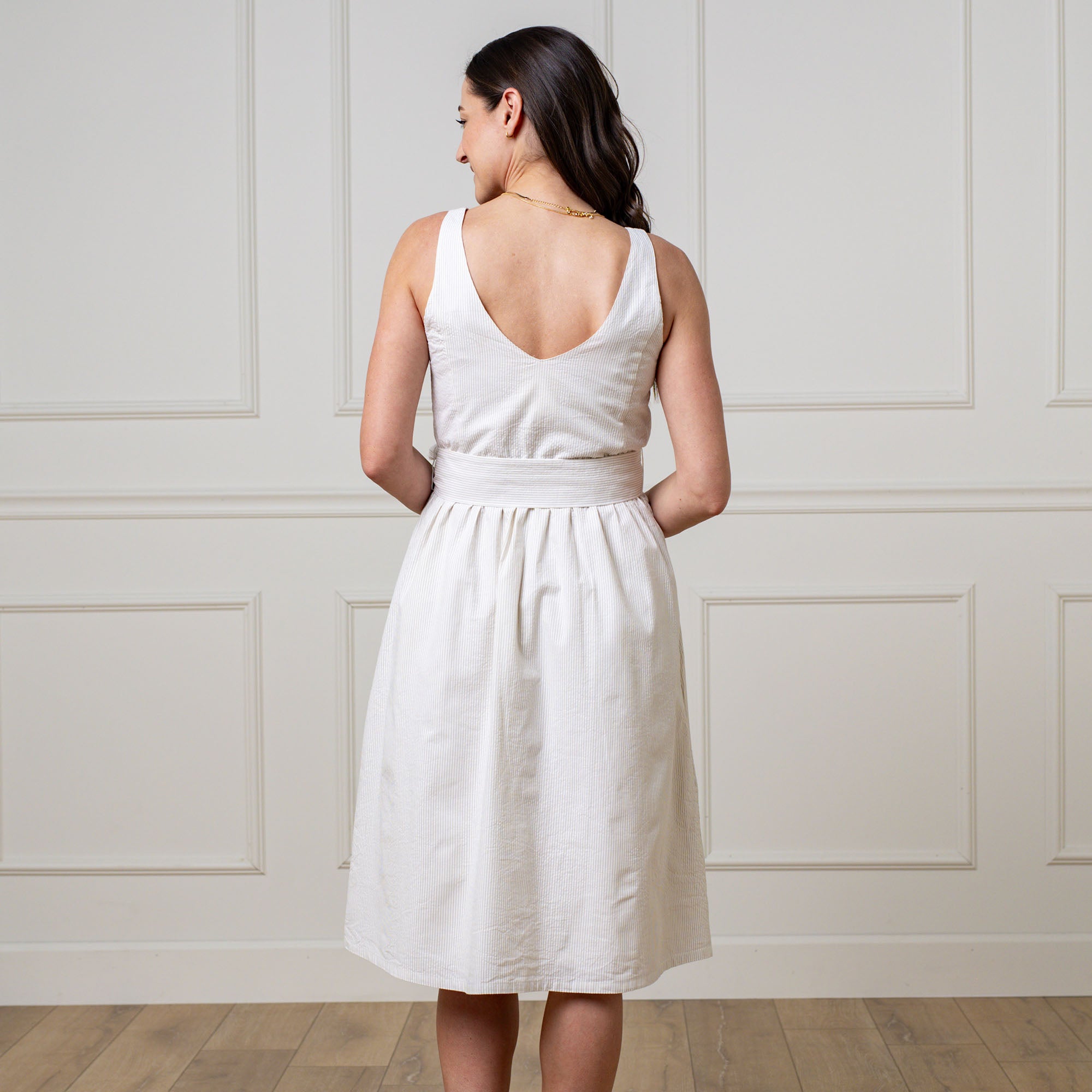 Hope & Henry - Womens A-Line Organic Dress with Sash - 10 / Taupe Seersucker Hope & Henry - Womens A-Line Organic Dress with Sash - 10 / Taupe Seersucker