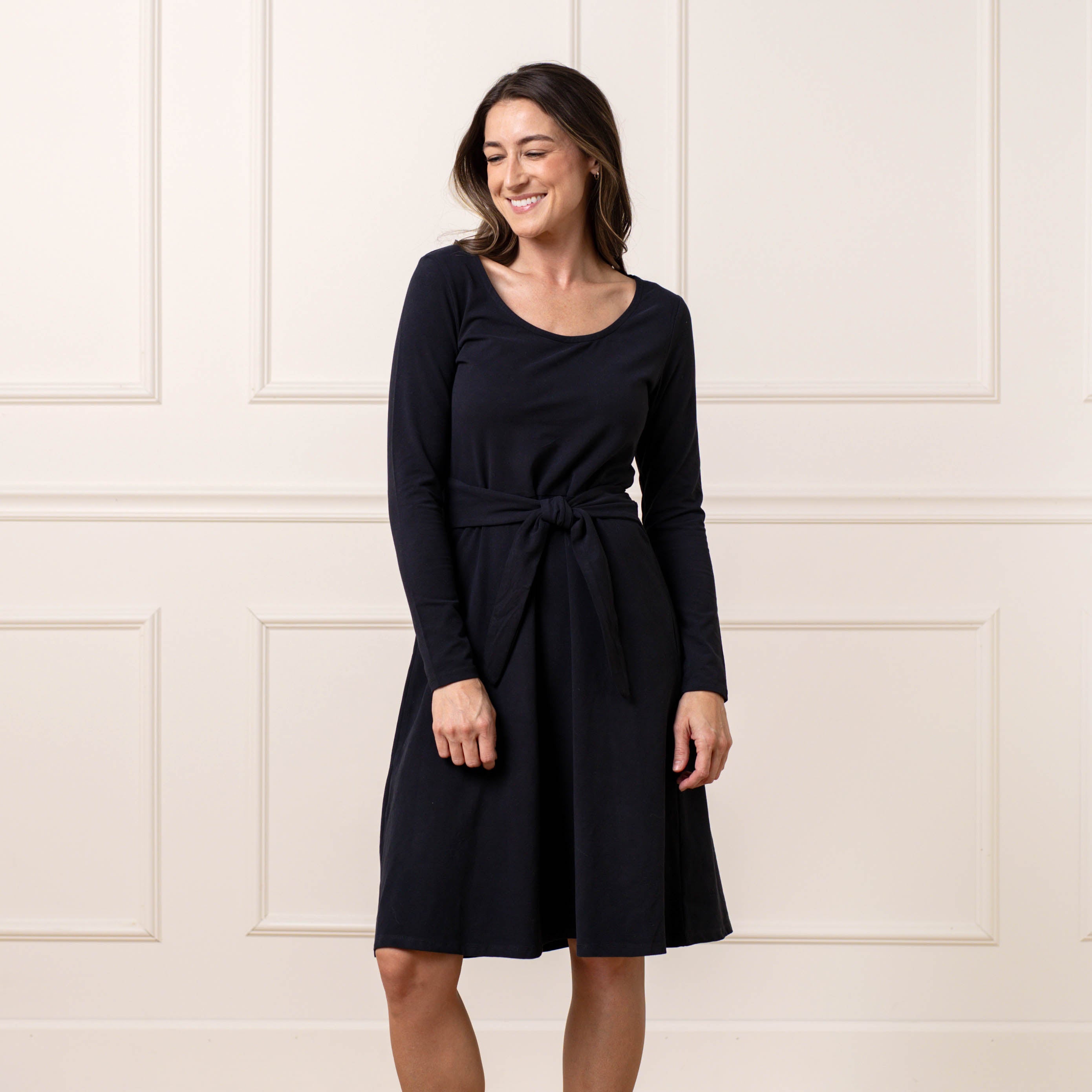 Organic Women's Long Sleeve Tie-Waist Knit Dress 6 / Black Long Sleeve Organic Women's Long Sleeve Tie-Waist Knit Dress 6 / Black Long Sleeve