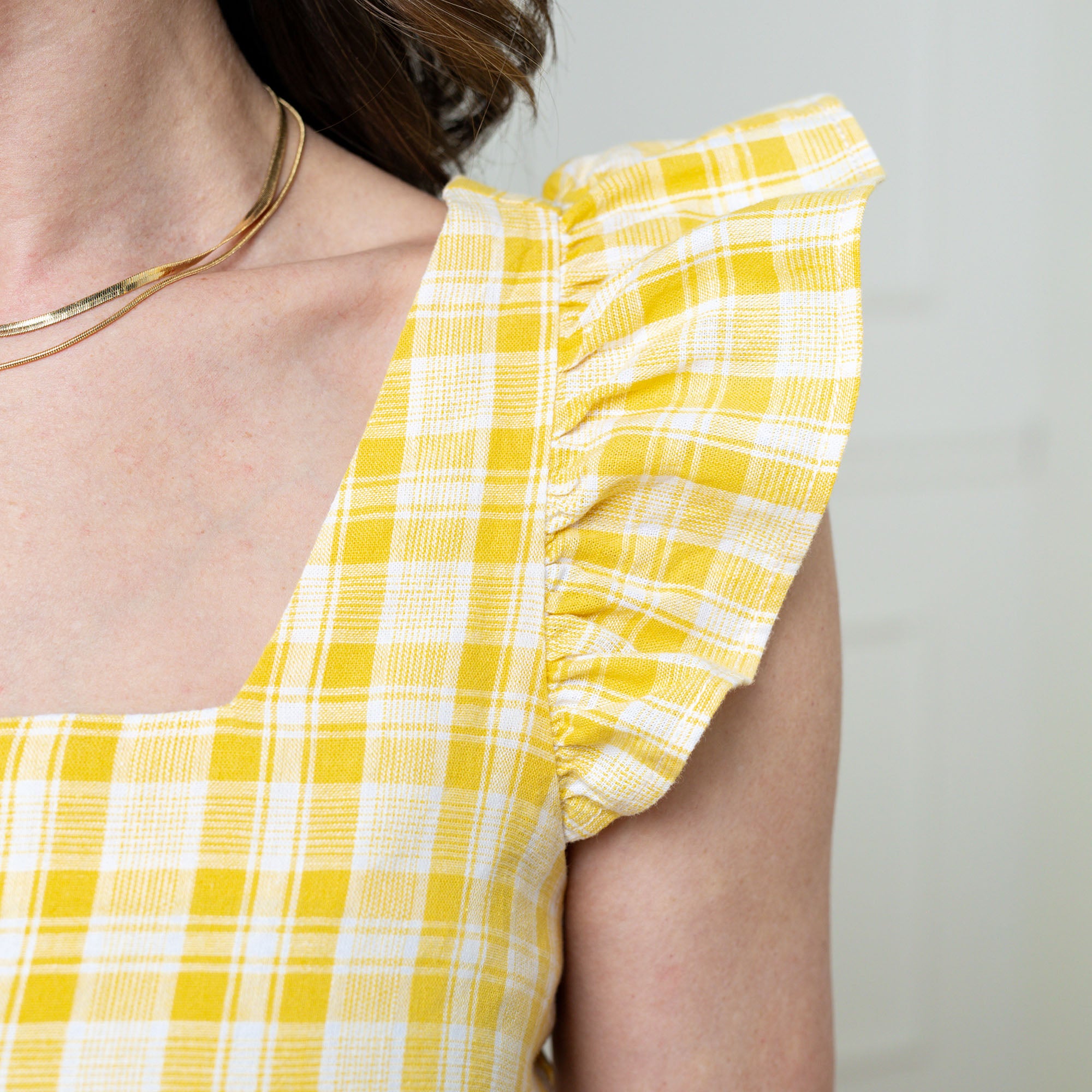 Flutter Sleeve Sun Dress - 2 / Yellow Plaid Linen Flutter Sleeve Sun Dress - 2 / Yellow Plaid Linen