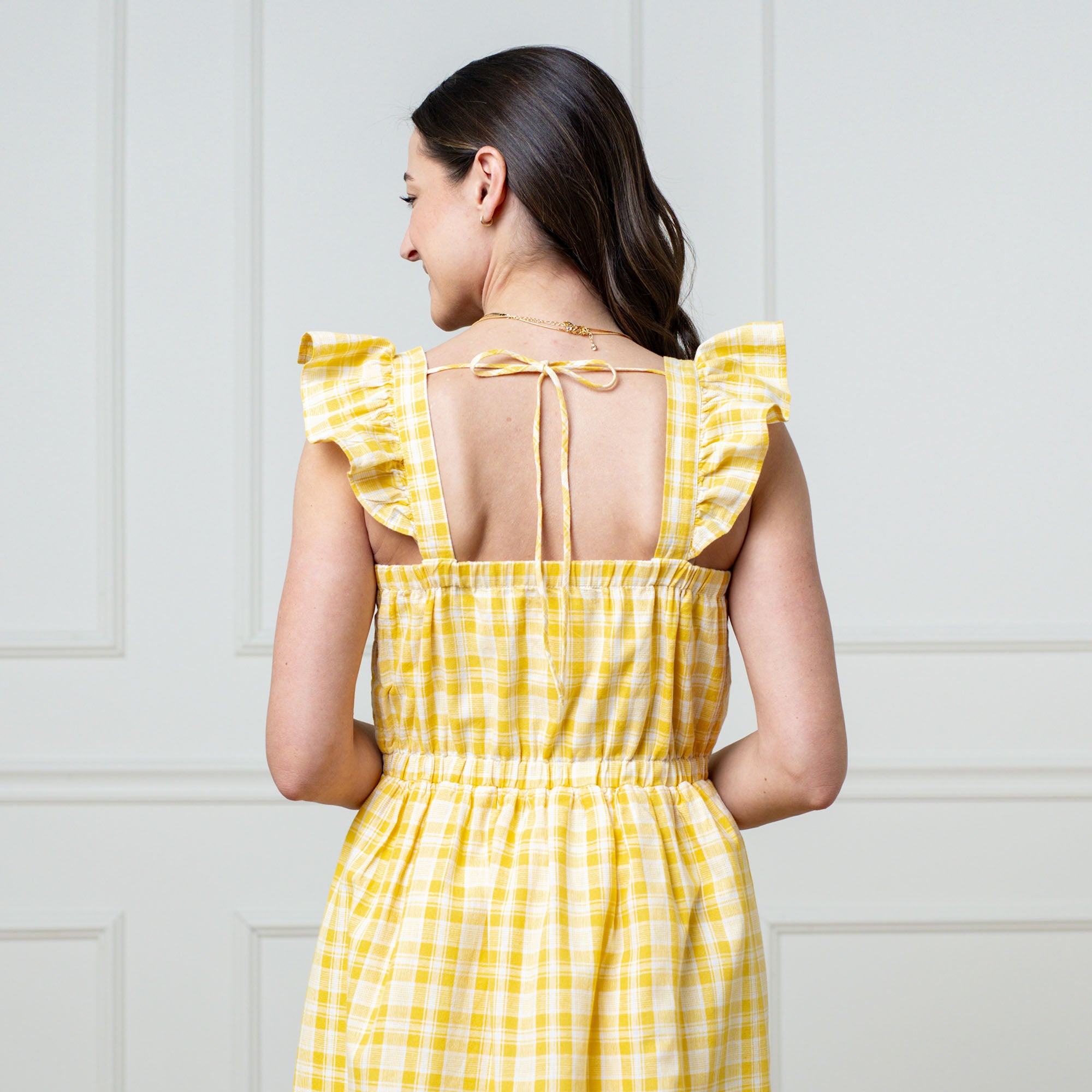 Flutter Sleeve Sun Dress - 2 / Yellow Plaid Linen Flutter Sleeve Sun Dress - 2 / Yellow Plaid Linen