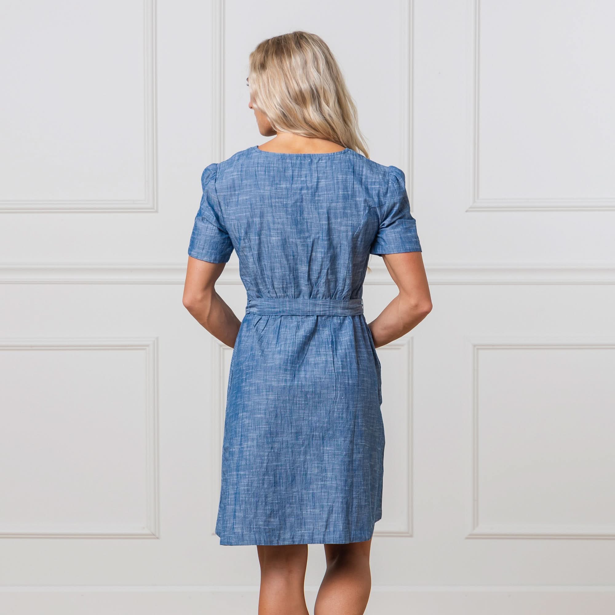 knee length chambray dress Blue Chambray Tiered Pine Midi Dress