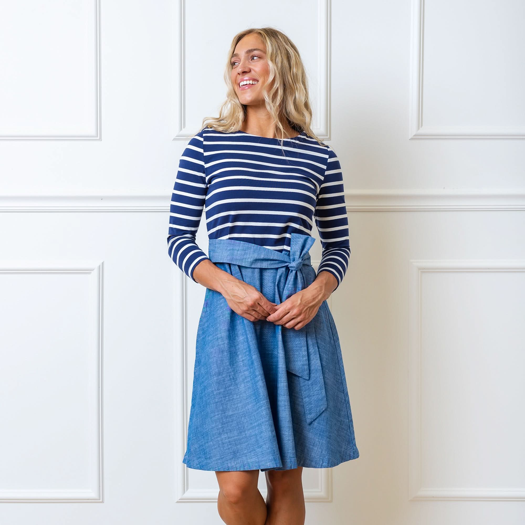 French Jersey Skater Dress from Hope & Henry - 14 / Navy and White with Blue Chambray French Jersey Skater Dress from Hope & Henry - 14 / Navy and White with Blue Chambray