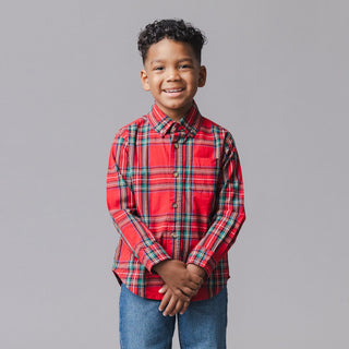 BOYS Red Holiday Tartan Organic Stretch Poplin Shirt