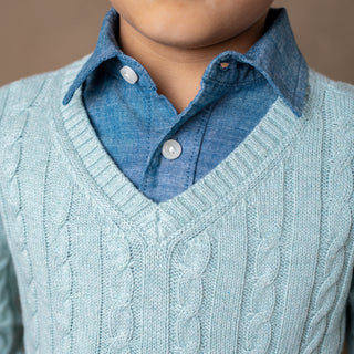 Organic Fine Gauge Cable V-Neck Sweater - Hope & Henry Boy