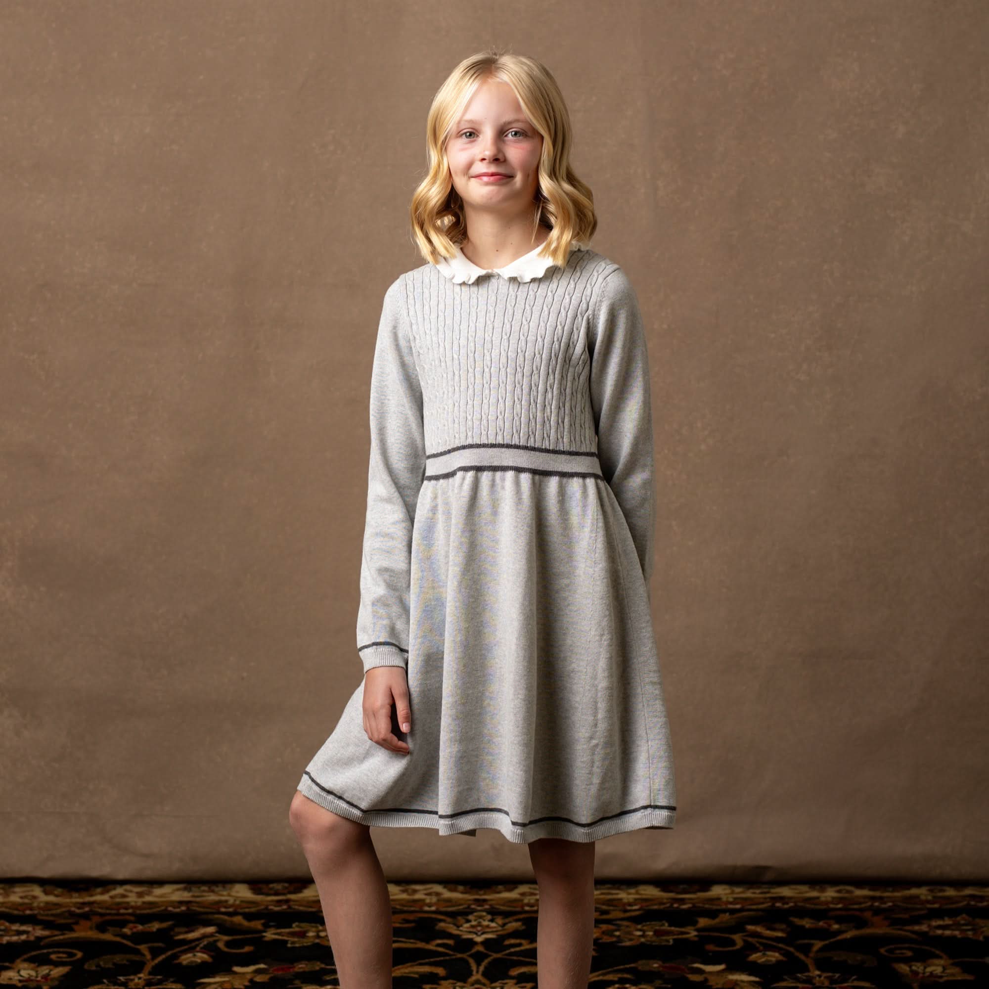 Hope & Henry Little Girls Organic Long Sleeve Cable Knit Peter Pan Collar Sweater Dress - Gray Heather Cable Hope & Henry Little Girls Organic Long Sleeve Cable Knit Peter Pan Collar Sweater Dress - Gray Heather Cable