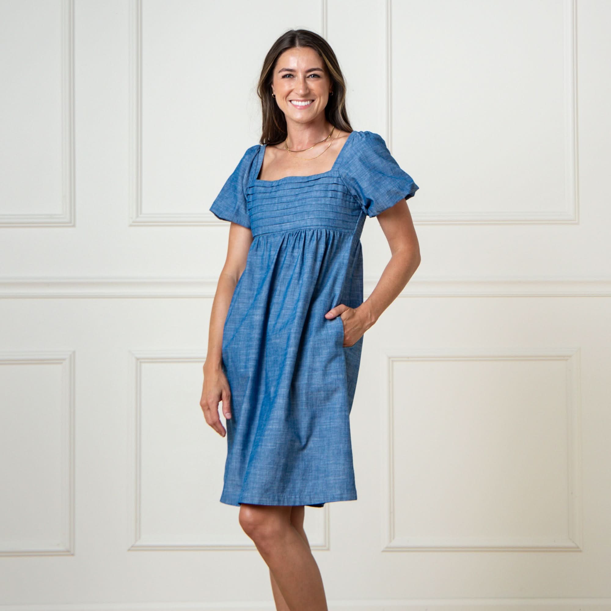 knee length chambray dress Dark Wash / 2P