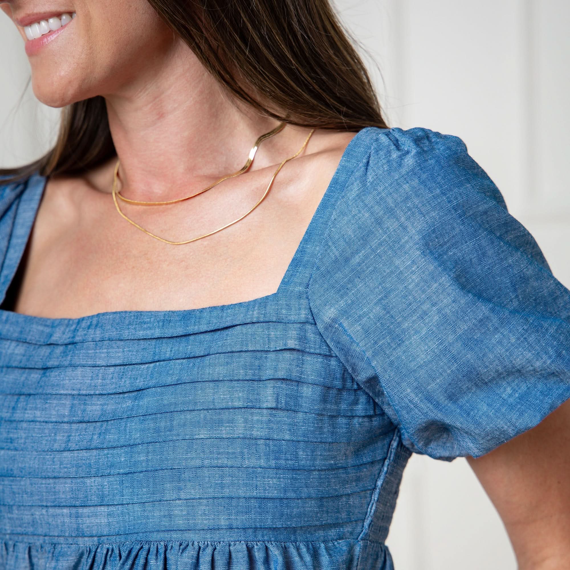 Hope & Henry Women's Organic Ruched Bodice Chambray Dress - Pleated Chambray - 14 Hope & Henry Women's Organic Ruched Bodice Chambray Dress - Pleated Chambray - 14