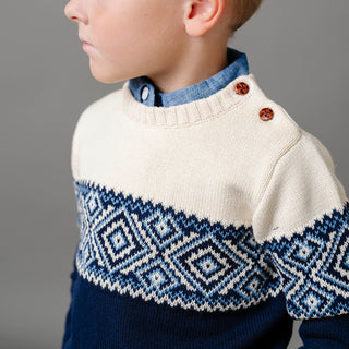 Organic Intarsia Crew Neck Button Sweater