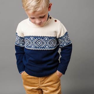 Organic Intarsia Crew Neck Button Sweater