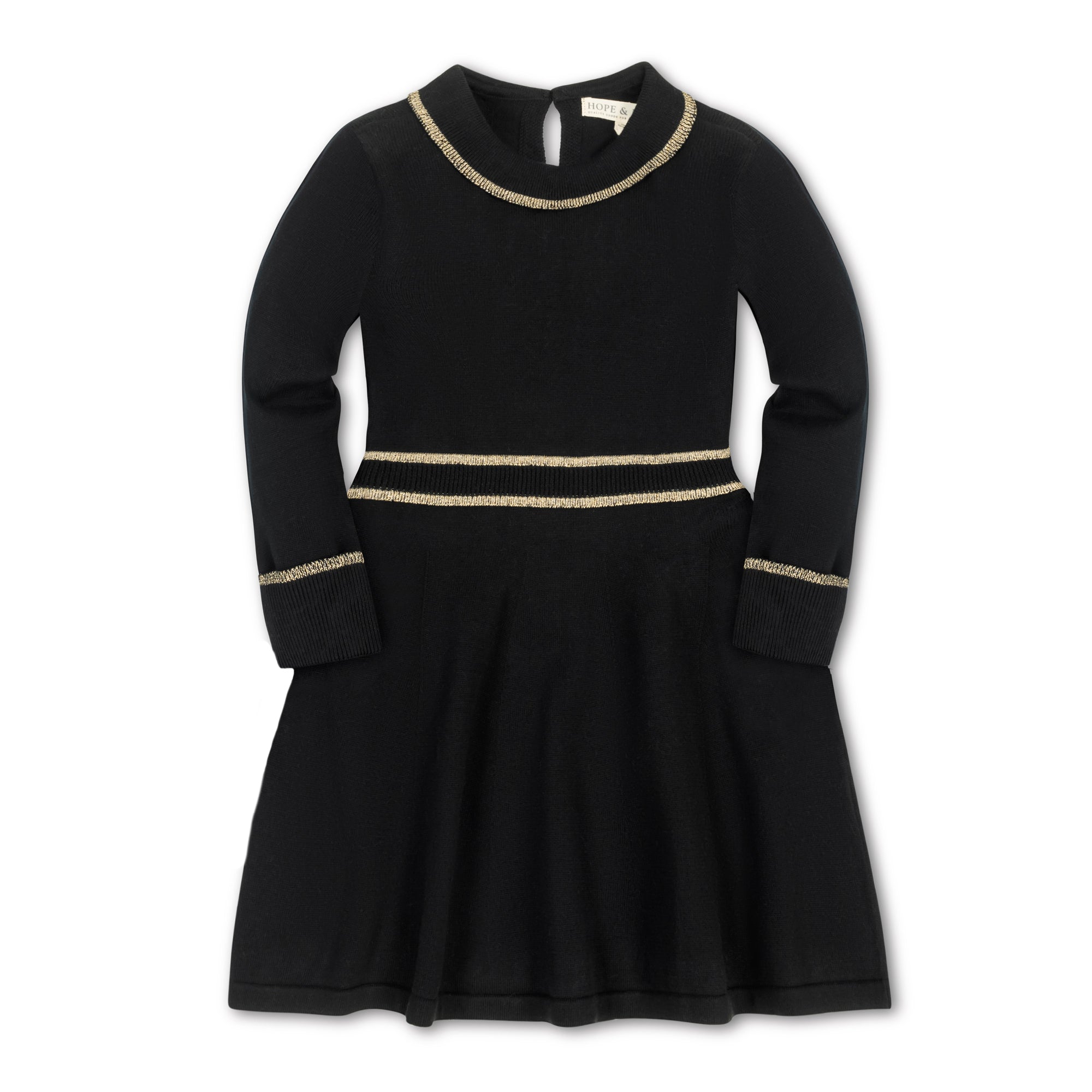 Hope & Henry Girls' Organic Long Sleeve Ruffle Collar Sweater Dress, Black with Gold, 4 Hope & Henry Girls' Organic Long Sleeve Ruffle Collar Sweater Dress, Black with Gold, 4