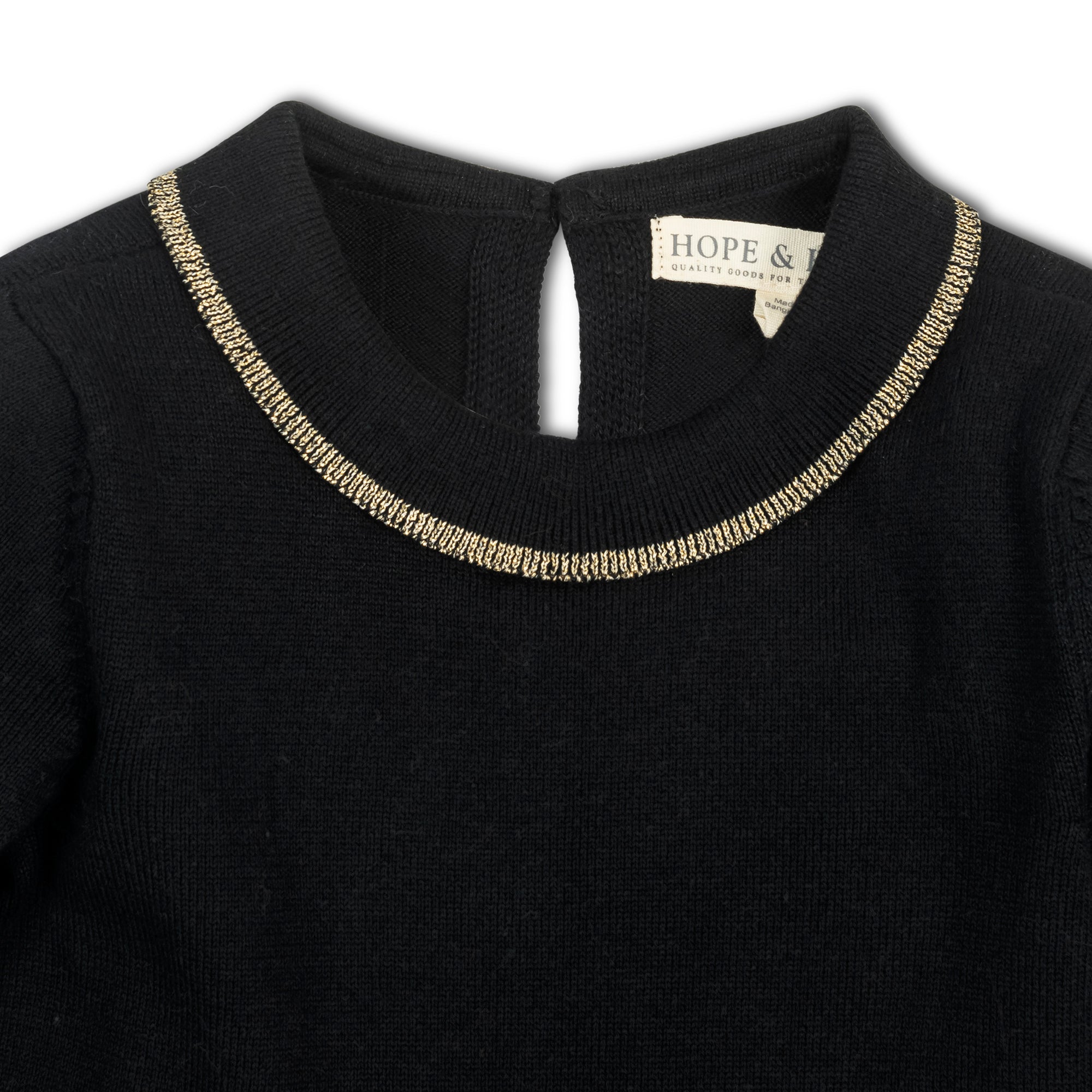 Hope & Henry Girls' Organic Long Sleeve Ruffle Collar Sweater Dress, Black with Gold, 4 Hope & Henry Girls' Organic Long Sleeve Ruffle Collar Sweater Dress, Black with Gold, 4