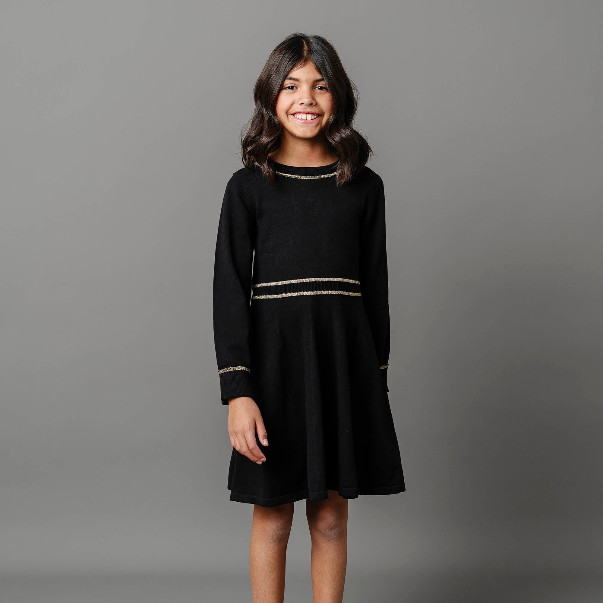 Hope & Henry Girls' Organic Long Sleeve Ruffle Collar Sweater Dress, Black with Gold, 4 Hope & Henry Girls' Organic Long Sleeve Ruffle Collar Sweater Dress, Black with Gold, 4
