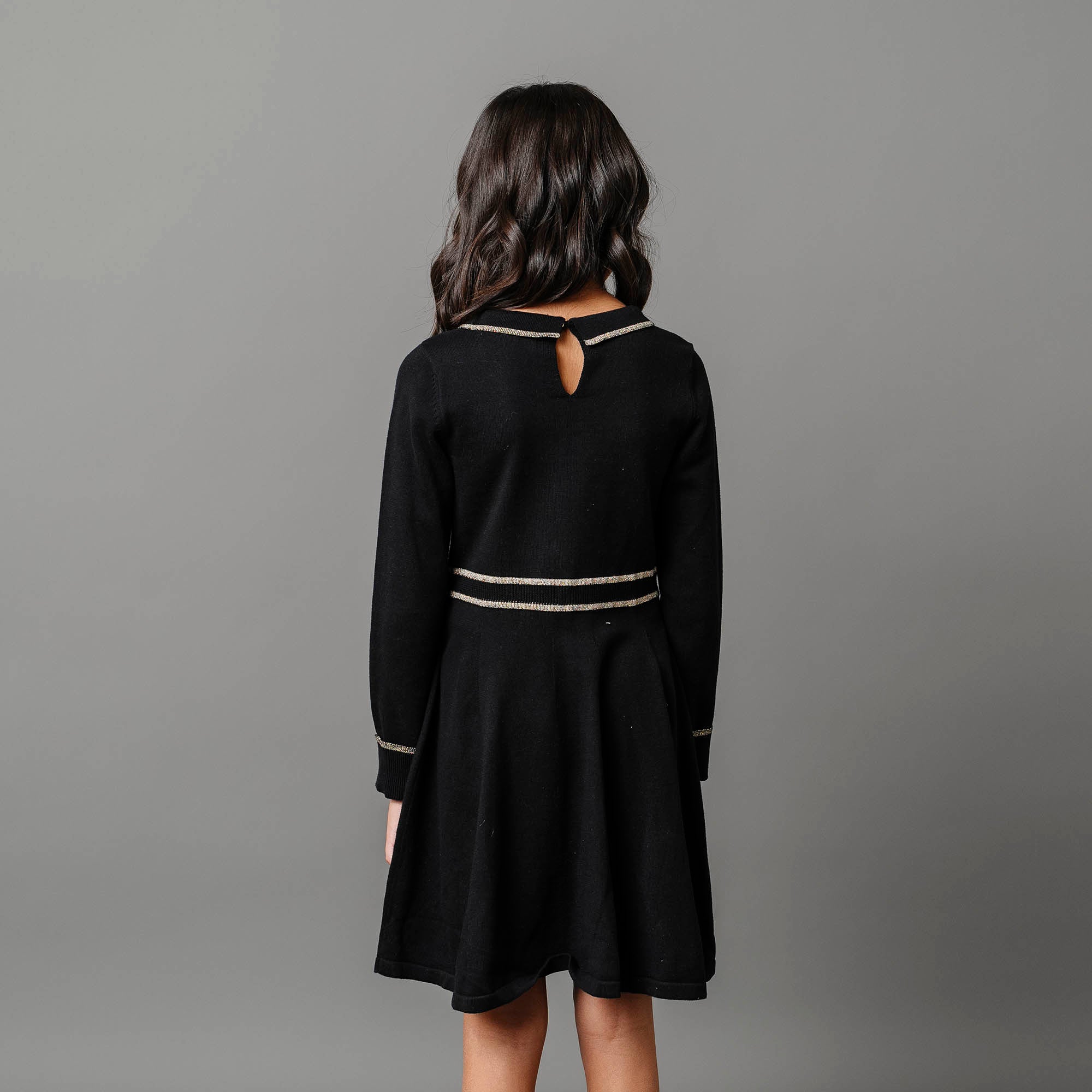 Hope & Henry Girls' Organic Long Sleeve Ruffle Collar Sweater Dress, Black with Gold, 4 Hope & Henry Girls' Organic Long Sleeve Ruffle Collar Sweater Dress, Black with Gold, 4