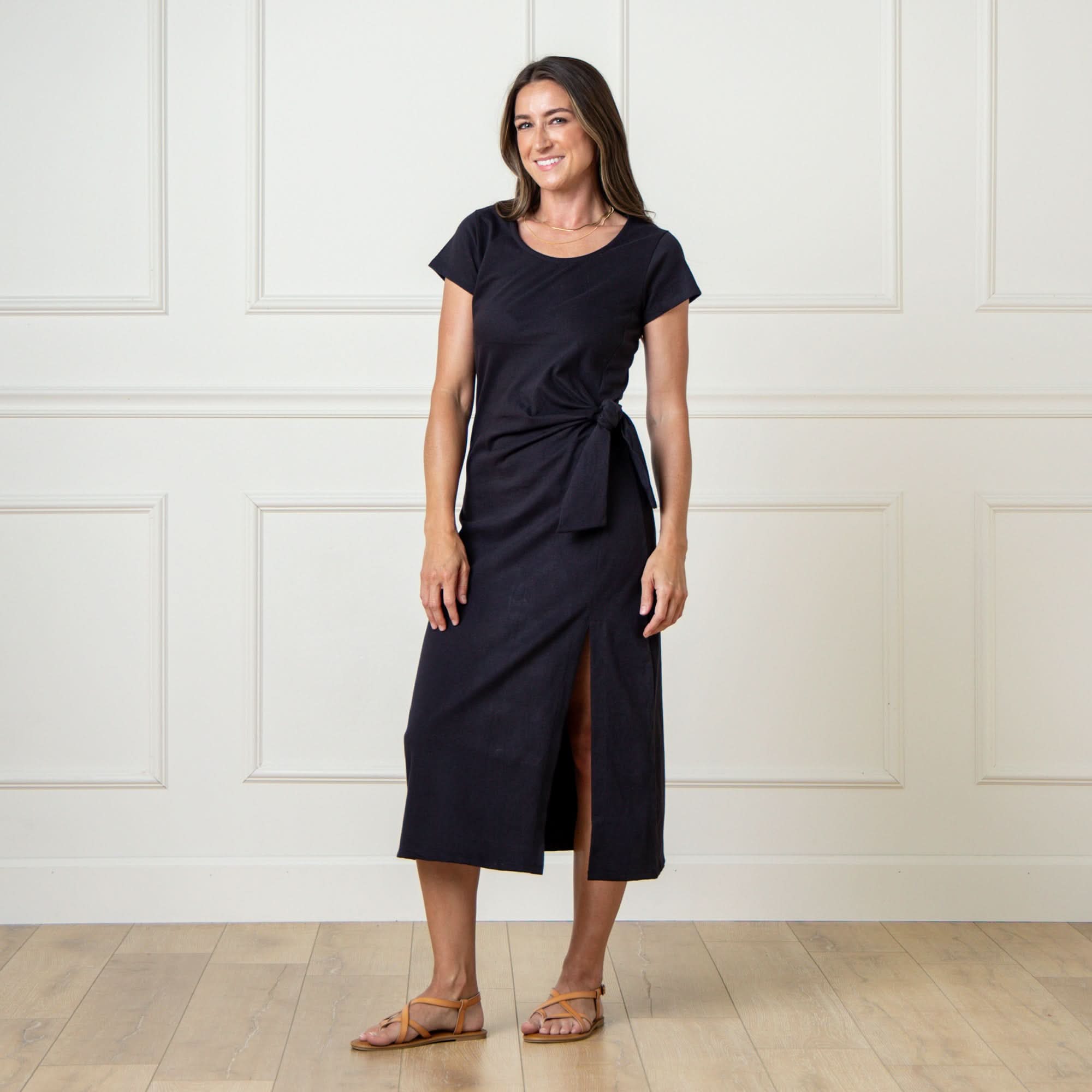 Hope & Henry Women's Organic Short Sleeve Knit Tie Midi Dress, Black Side-Tie, 2 Hope & Henry Women's Organic Short Sleeve Knit Tie Midi Dress, Black Side-Tie, 2