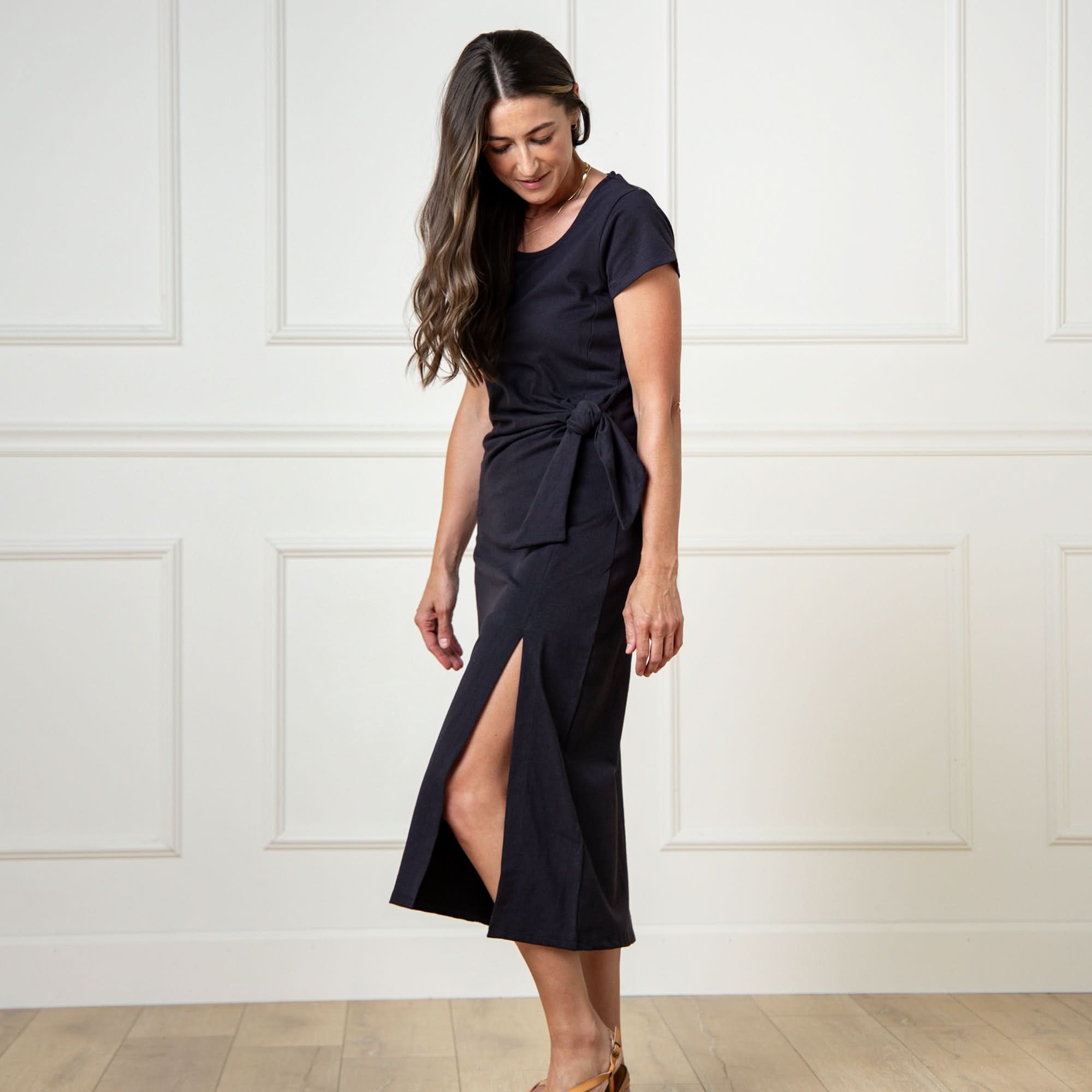 Hope & Henry Women's Organic Short Sleeve Knit Tie Midi Dress, Black Side-Tie, 2 Hope & Henry Women's Organic Short Sleeve Knit Tie Midi Dress, Black Side-Tie, 2