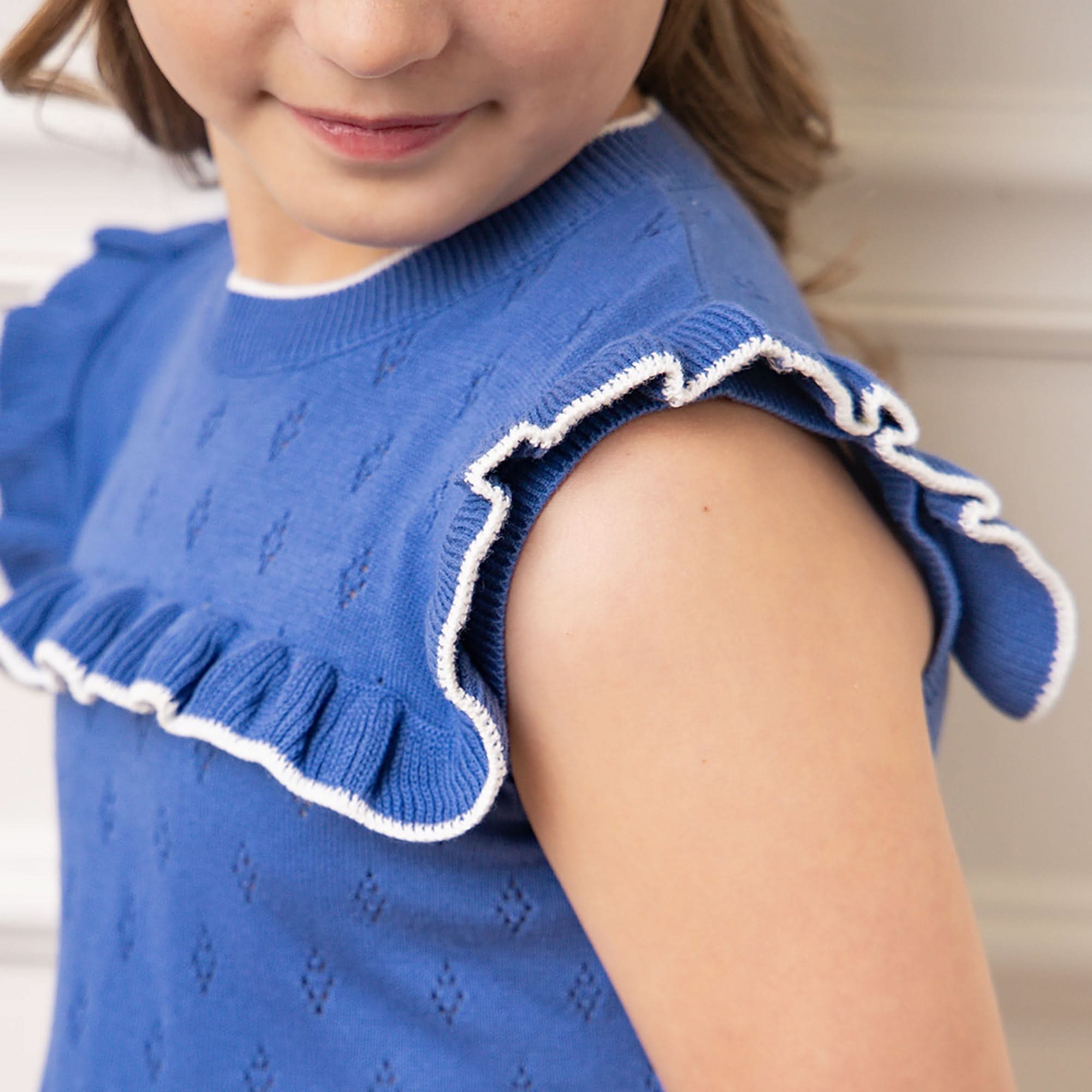 Ruffle Yoke Organic Sweater Dress 2T / Medium Blue Ruffle Yoke Organic Sweater Dress 2T / Medium Blue