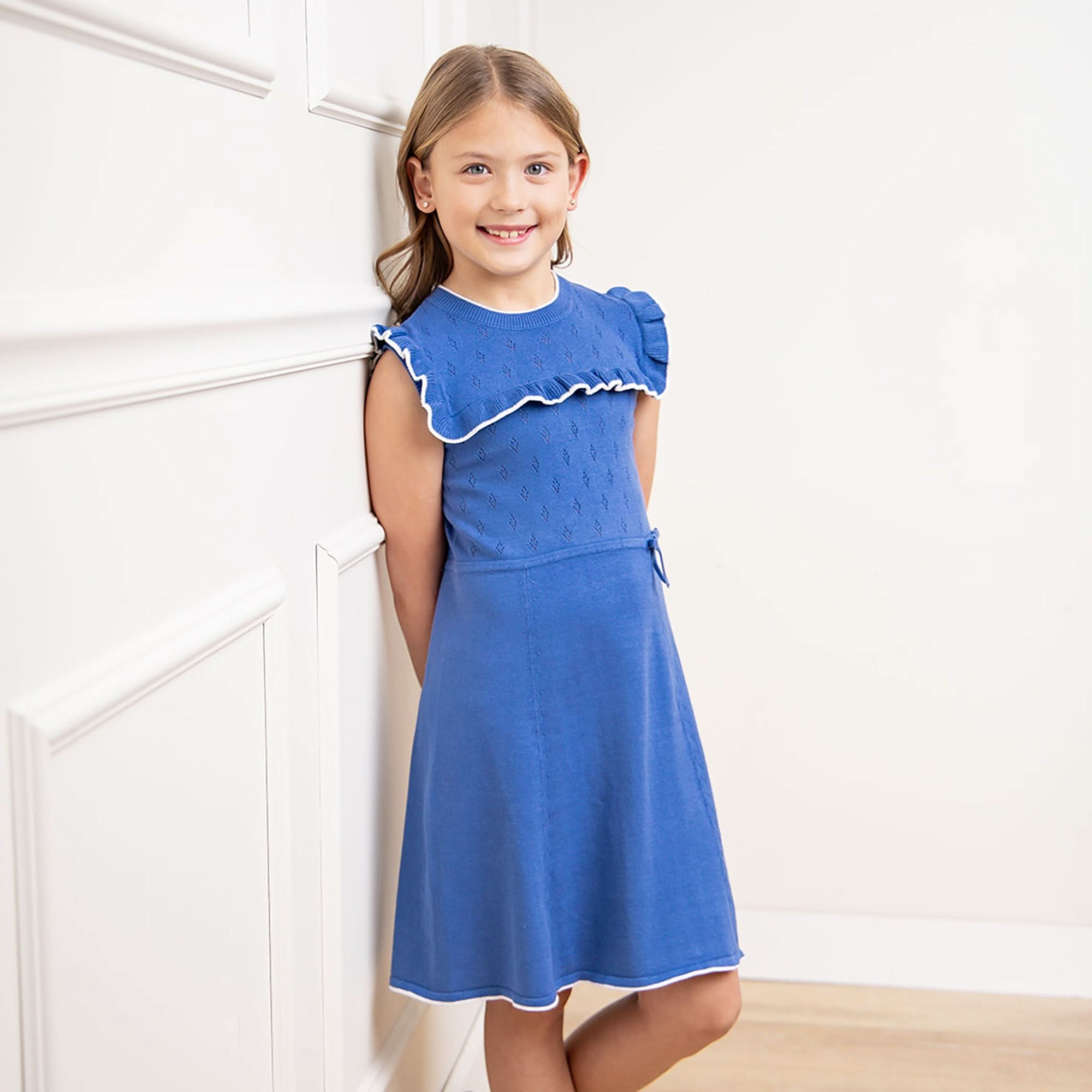 Ruffle Yoke Organic Sweater Dress 2T / Medium Blue Ruffle Yoke Organic Sweater Dress 2T / Medium Blue
