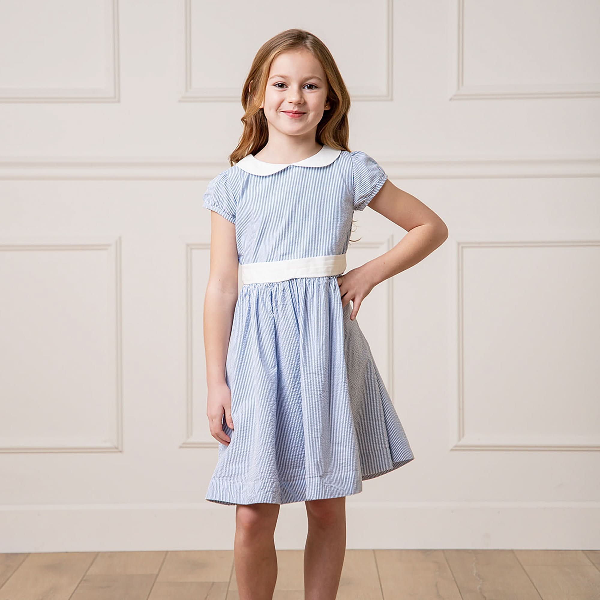 Girls Organic Seersucker Peter Pan Collar Dress - 8 / Blue Seersucker Girls Organic Seersucker Peter Pan Collar Dress - 8 / Blue Seersucker