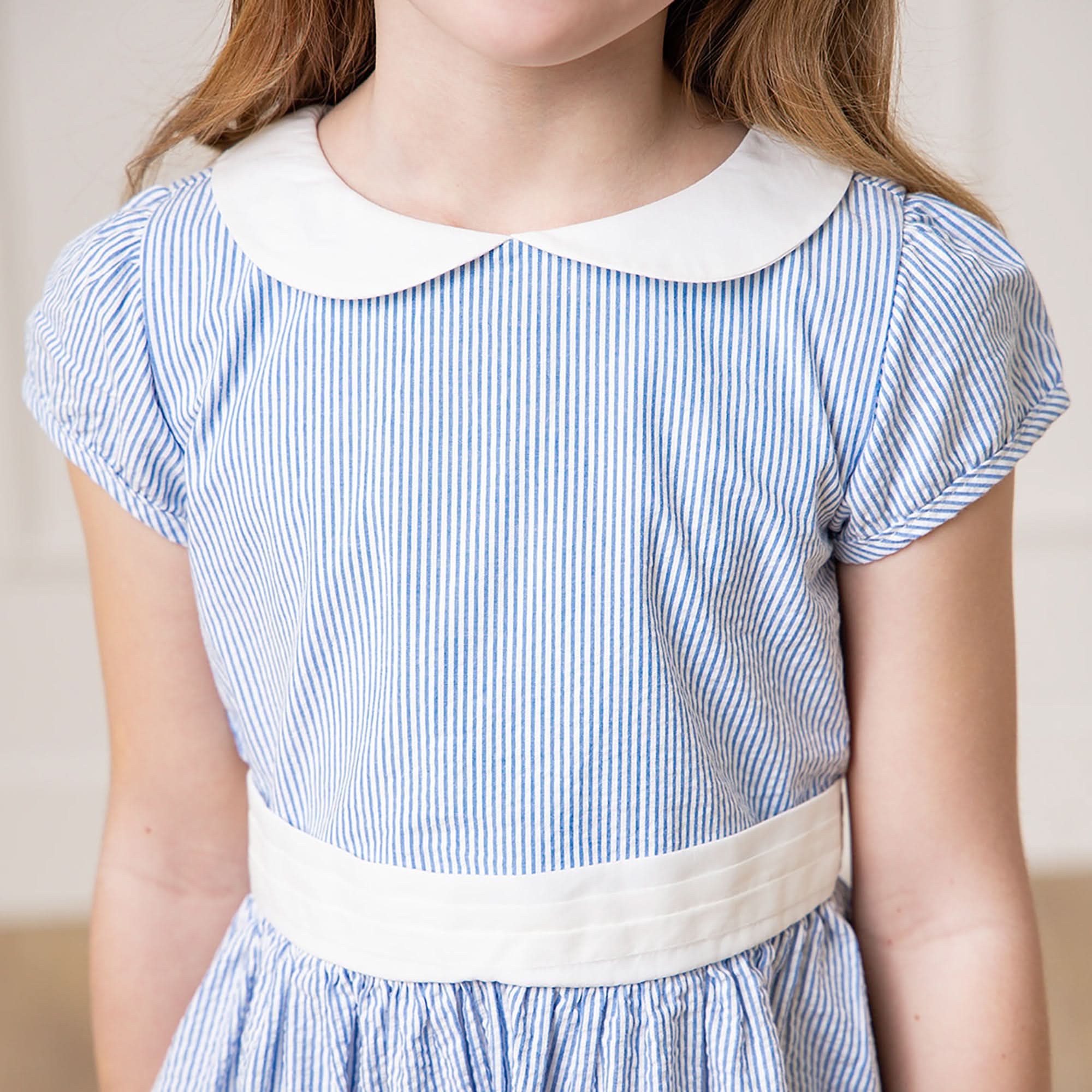Organic Seersucker Peter Pan Collar Dress 6 / Blue Seersucker Organic Seersucker Peter Pan Collar Dress 6 / Blue Seersucker