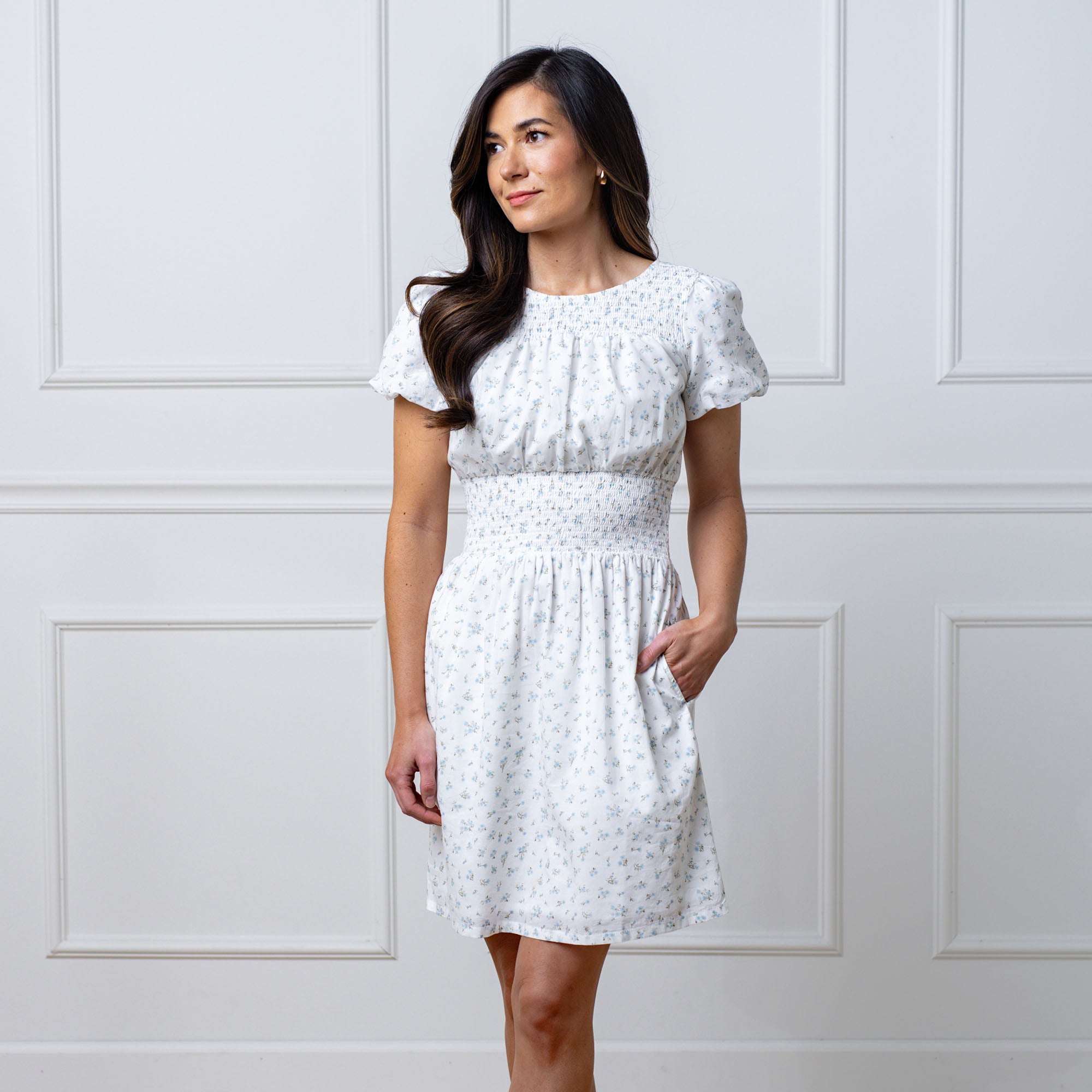 Hope & Henry Women's Puff Sleeve Smocked Waist Dress - Natural Ditsy Floral - 14 Hope & Henry Women's Puff Sleeve Smocked Waist Dress - Natural Ditsy Floral - 14