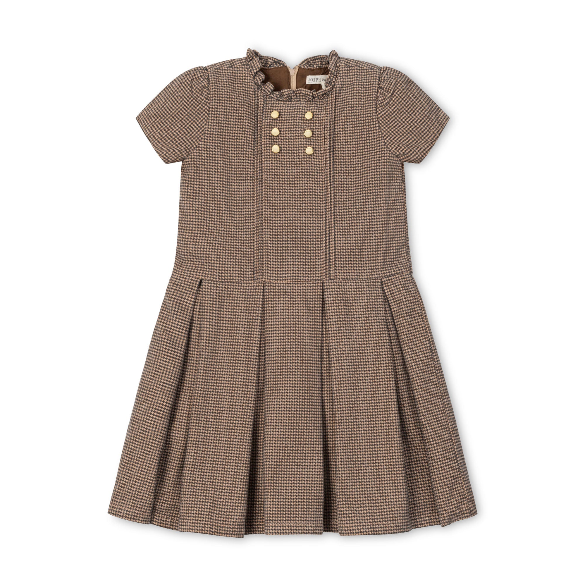 Hope & Henry Girls' Organic Ruffle Collar Pintuck Drop Waist Dress, Camel Houndstooth, 10 Hope & Henry Girls' Organic Ruffle Collar Pintuck Drop Waist Dress, Camel Houndstooth, 10