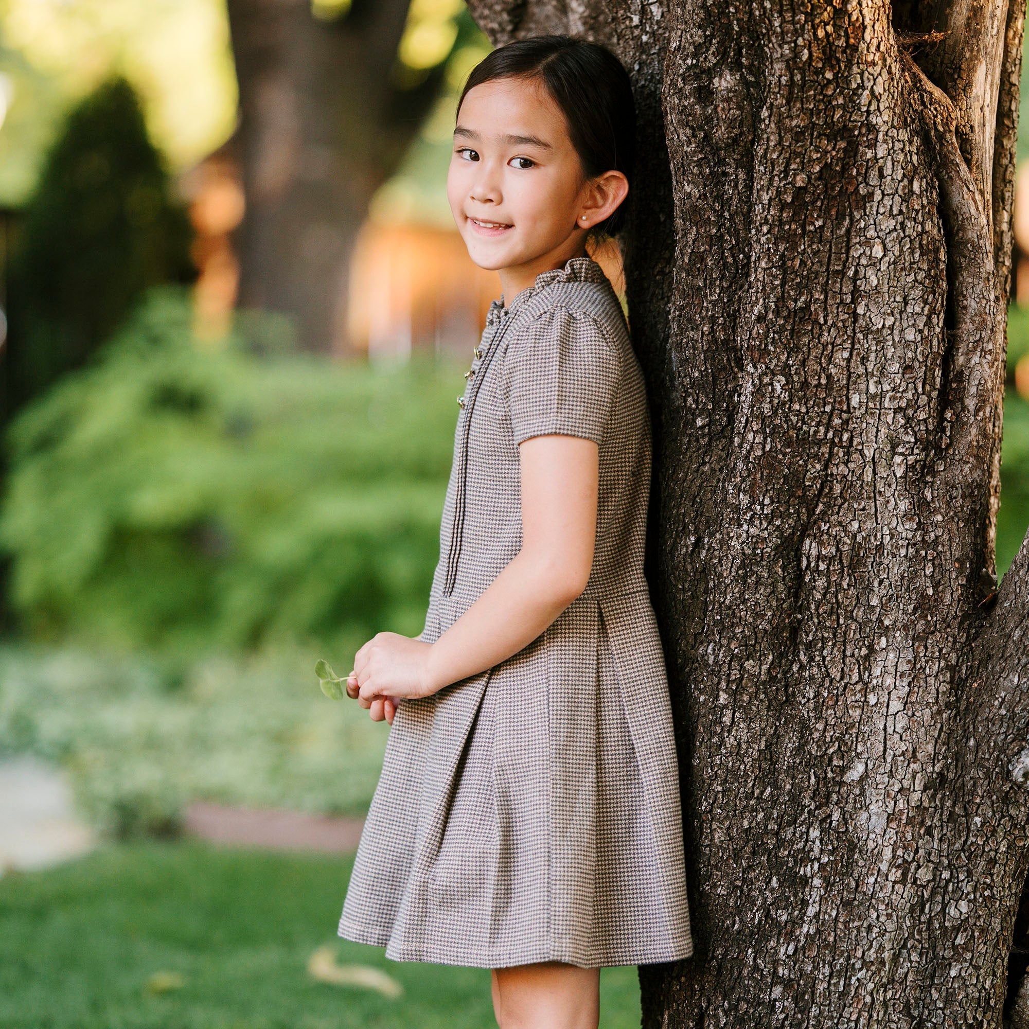 Hope & Henry Girls' Organic Ruffle Collar Pintuck Drop Waist Dress, Camel Houndstooth, 10 Hope & Henry Girls' Organic Ruffle Collar Pintuck Drop Waist Dress, Camel Houndstooth, 10