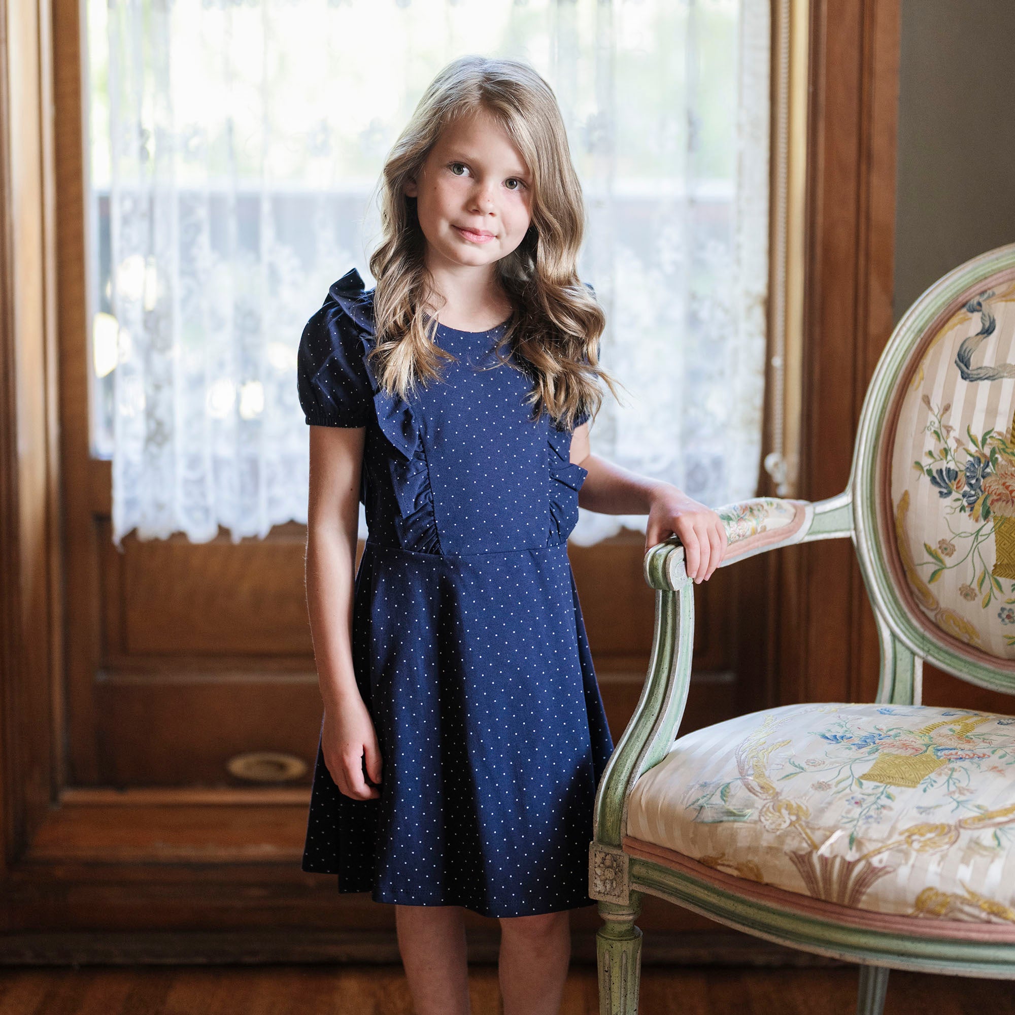 Hope & Henry Girls' Organic Short Sleeve Knit Ruffle Dress, Navy Pindot, 4 Hope & Henry Girls' Organic Short Sleeve Knit Ruffle Dress, Navy Pindot, 4