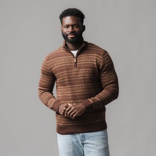 MENS Chocolate Fireside Fair Isle Organic Half Zip Pullover