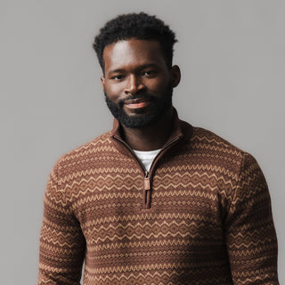 MENS Chocolate Fireside Fair Isle Organic Half Zip Pullover