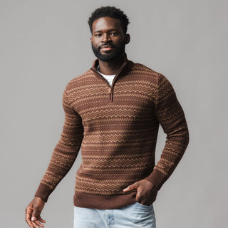 MENS Chocolate Fireside Fair Isle Organic Half Zip Pullover