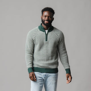 MENS Deep Green Stripe Organic Half Zip Pullover