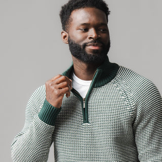 MENS Deep Green Stripe Organic Half Zip Pullover