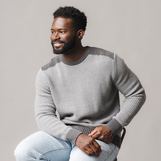 MENS Gray Heather Colorblock Organic Shoulder Detail Crew Neck Sweater