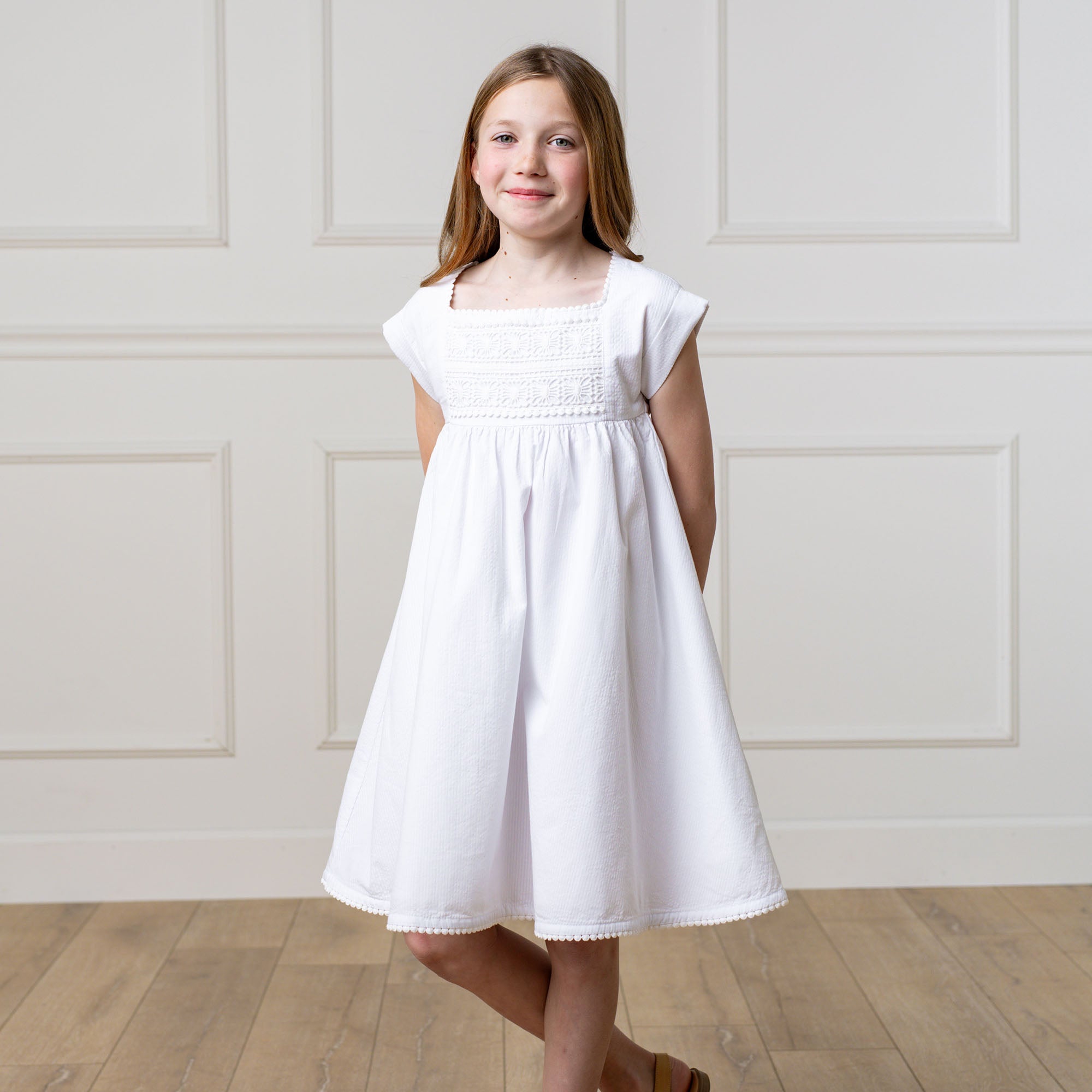 Hope & Henry - Girls Organic Seersucker Empire Waist Dress - 8 / White Seersucker Hope & Henry - Girls Organic Seersucker Empire Waist Dress - 8 / White Seersucker