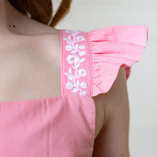 Organic Pleated Apron Dress with Embroidery