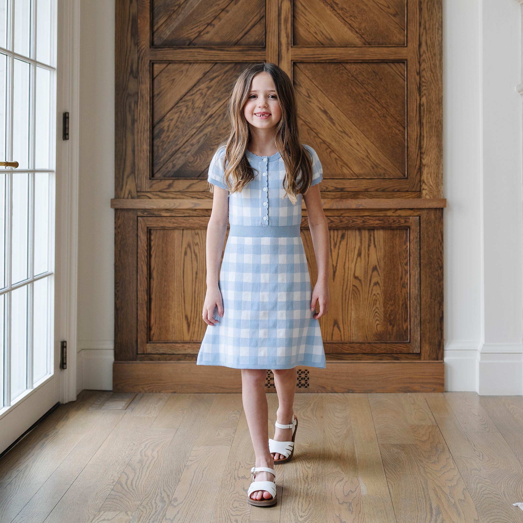 Hope & Henry Girls' Organic Short Sleeve Button Front Sweater Dress, Classic Blue Gingham, 2T Hope & Henry Girls' Organic Short Sleeve Button Front Sweater Dress, Classic Blue Gingham, 2T