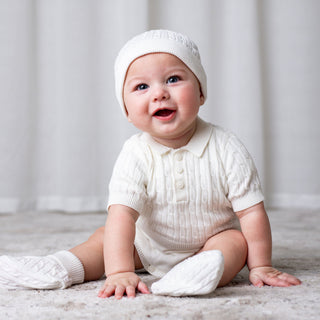 LAYETTE Soft White Beanie Set Organic Sweater Beanie and Bootie Set