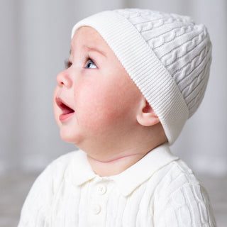 LAYETTE Soft White Beanie Set Organic Sweater Beanie and Bootie Set