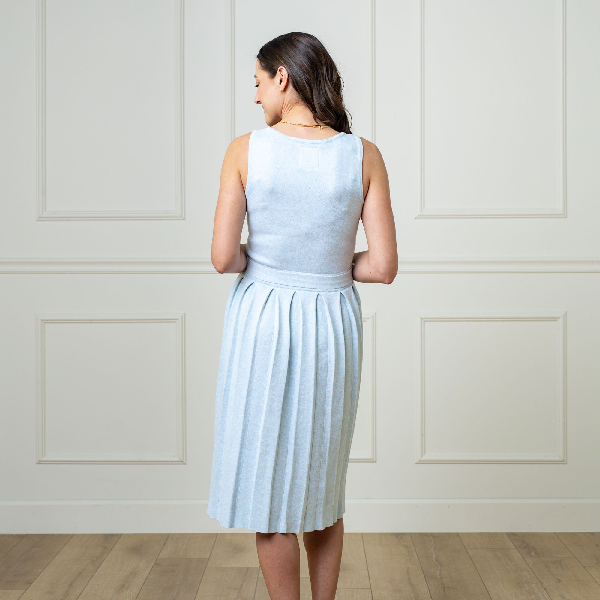 Hope & Henry Women's Organic Sleeveless Pleated Sweater Knit Midi Dress - Light Blue Heather Hope & Henry Women's Organic Sleeveless Pleated Sweater Knit Midi Dress - Light Blue Heather