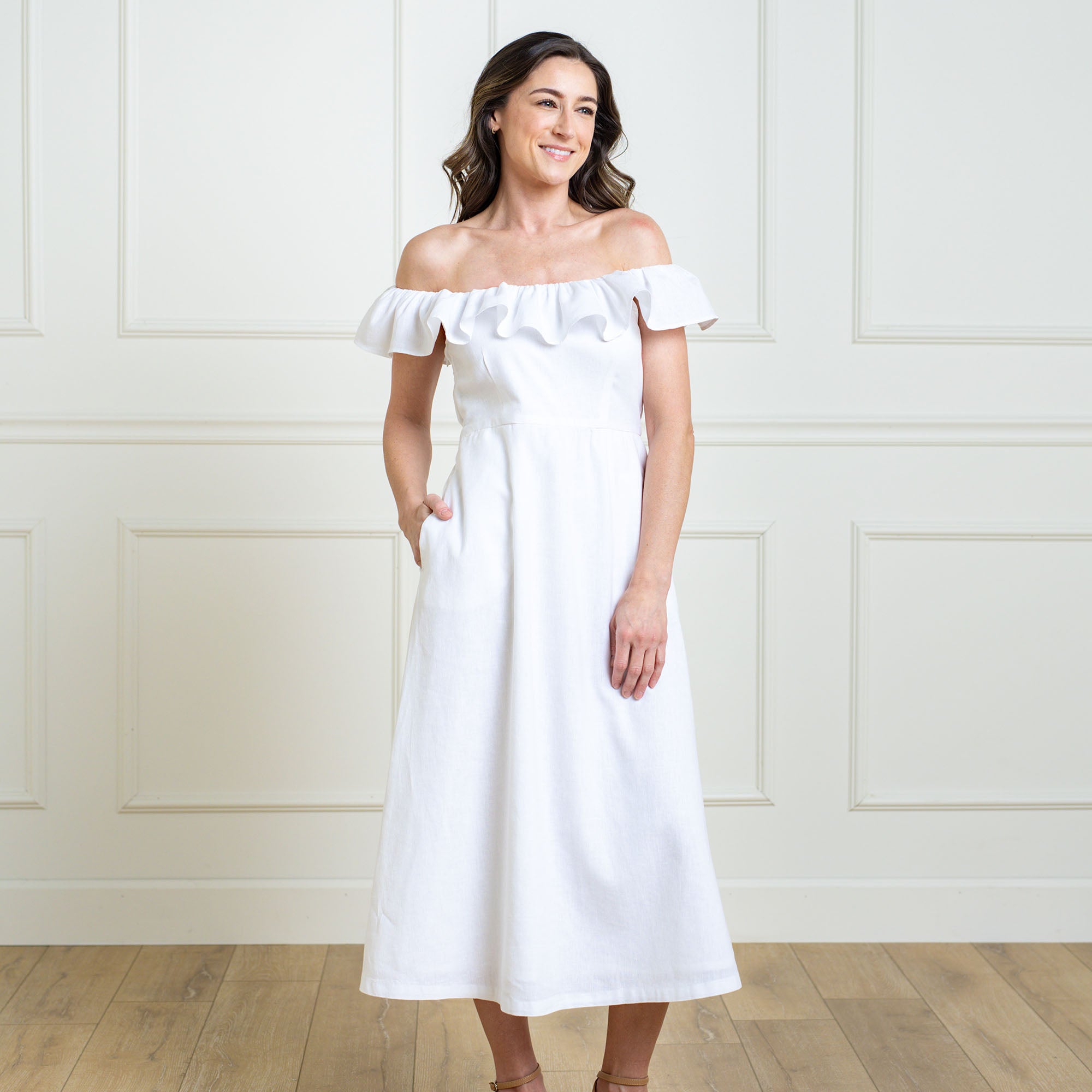 Hope & Henry Women's Linen Ruffle Collar Midi Dress, White Ruffle Collar, 12 Hope & Henry Women's Linen Ruffle Collar Midi Dress, White Ruffle Collar, 12