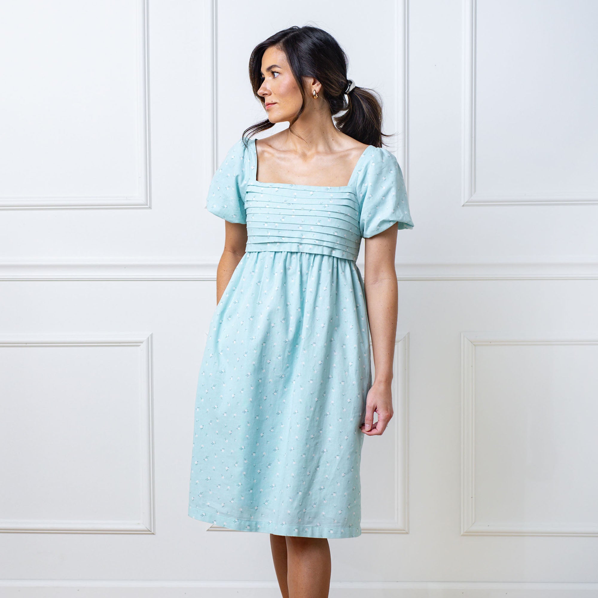 Hope & Henry Women's Ruched Linen Bubble Sleeve Dress, Tea Room Floral, 8 Hope & Henry Women's Ruched Linen Bubble Sleeve Dress, Tea Room Floral, 8