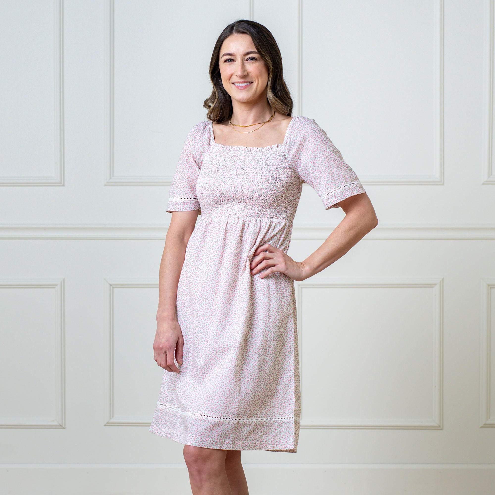 Hope & Henry Women's Organic Bell Sleeve Smocked Dress, Vintage Petal Ditsy, 12