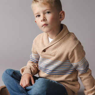BOYS Camel Heather Stripe Organic Shawl Collar Sweater