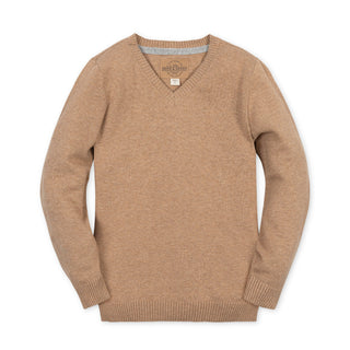 BOYS Camel Heather Organic V-Neck Sweater with Elbow Patches